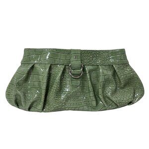 Green Faux Croc Embossed Clutch Wristlet Purse With Silver Accent & Inner Zip Po